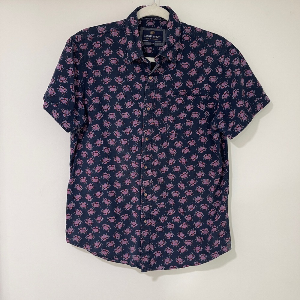 Nickel & Iron Crab Print Button Down Shirt Mens Small Navy Blue Cotton | Coastal
